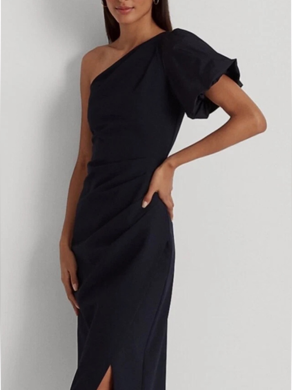 Ralph Lauren One-Shoulder Navy Draped Midi Dress